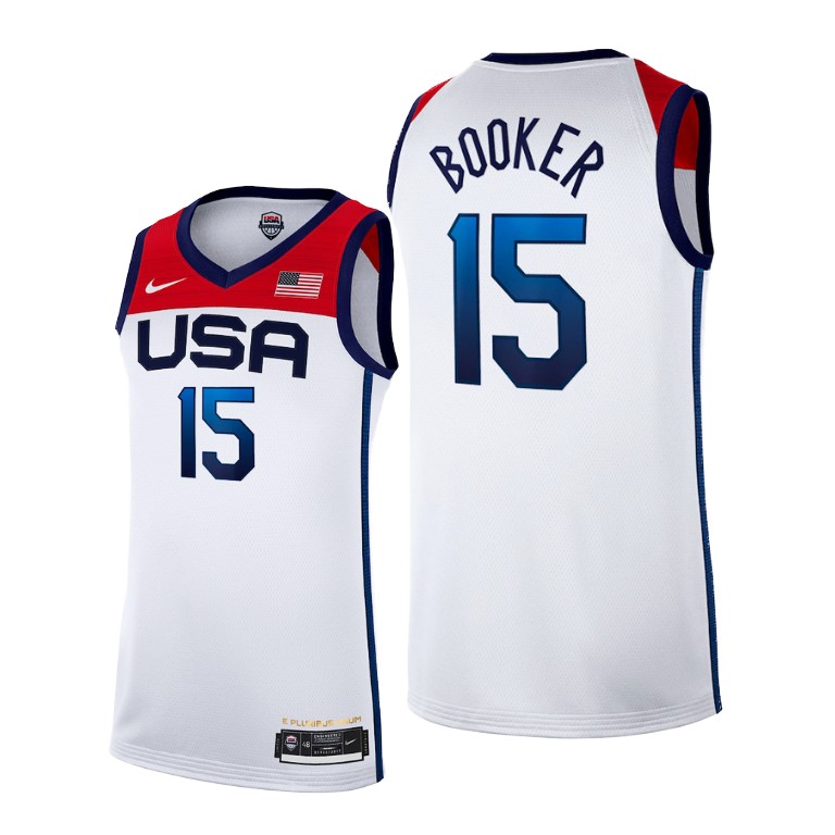 Men's USA Basketball #15 Devin Booker 2021 White Olympics Stitched Home Jersey Men's USA Basketball #15 Devin Booker 2021 White Olympics Stitched Home Jersey